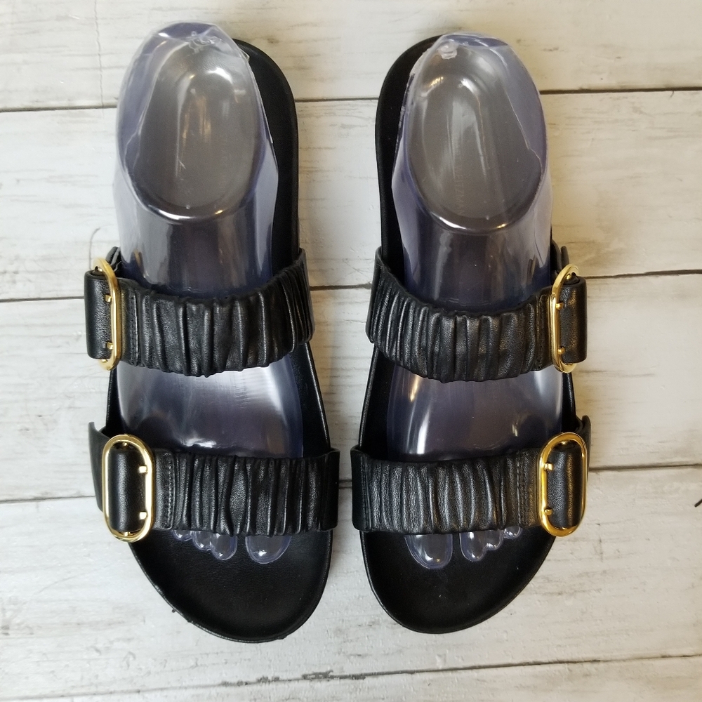 Stuart Weitzman Shalene Leather Black Ruched Strap Slide Sandals - Picture 2 of 11
